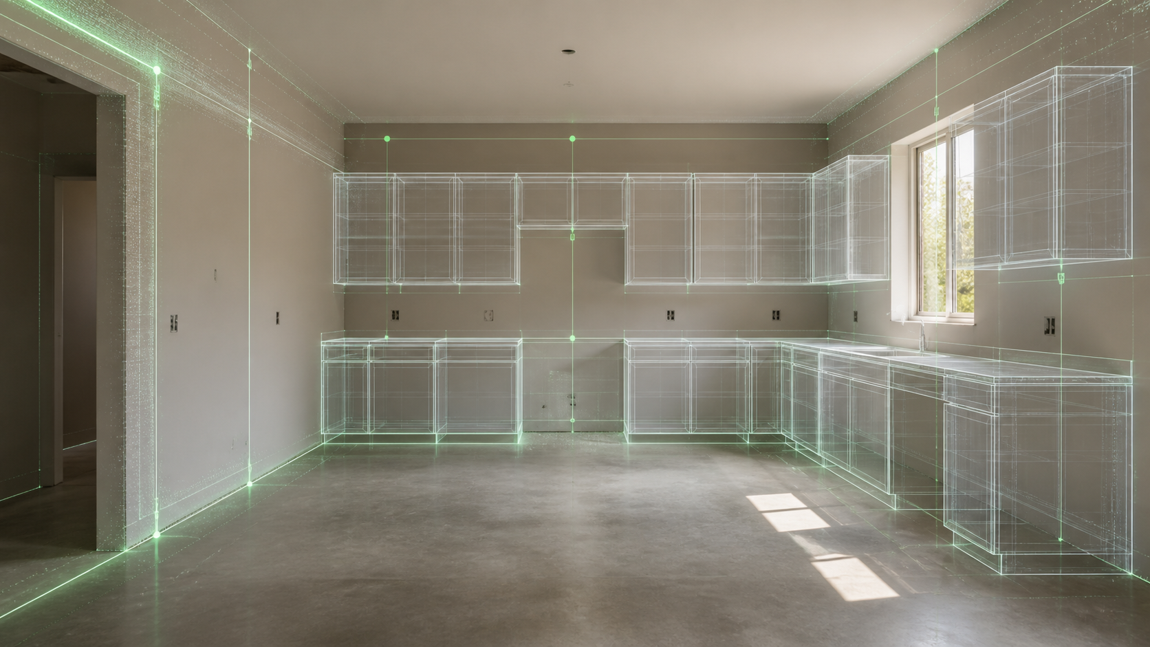 Empty kitchen visualized with transparent 3D cabinetry and spatial measurements